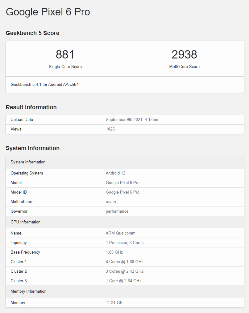 Google Pixel 6 Pro Geekbench