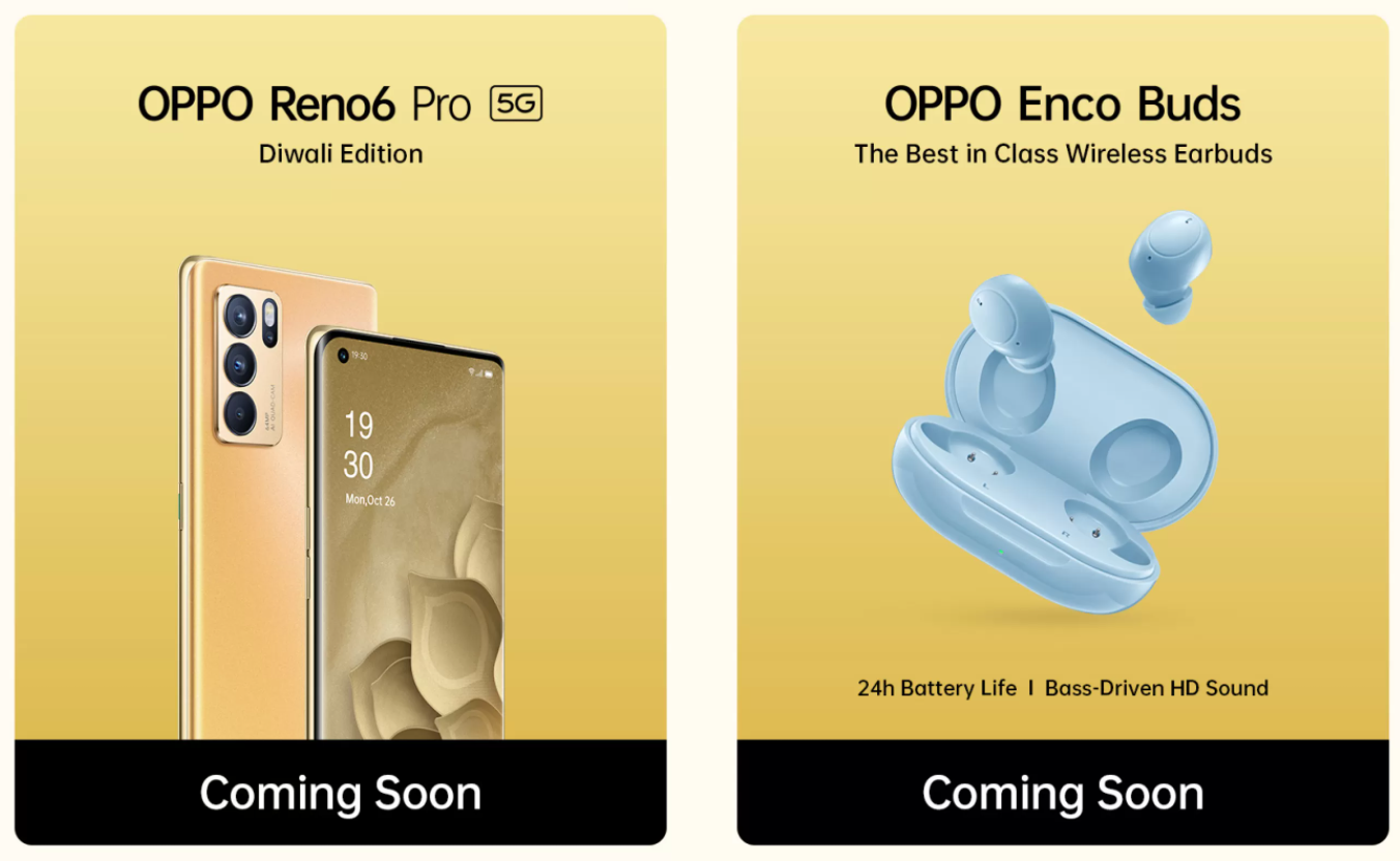 OPPO Reno 6 Pro 5G Diwali Edition OPPO Enco Buds Blue Color India Launch Teaser