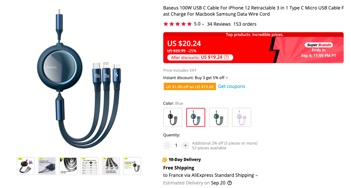 Baseus Retractable 100W One for Three Data Cable