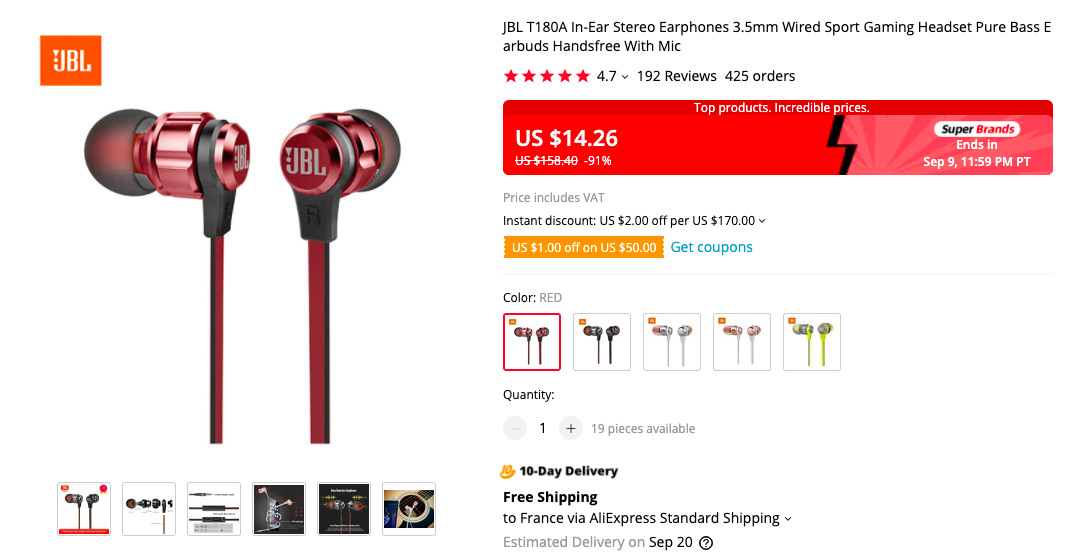JBL T180A In-Ear Earphone