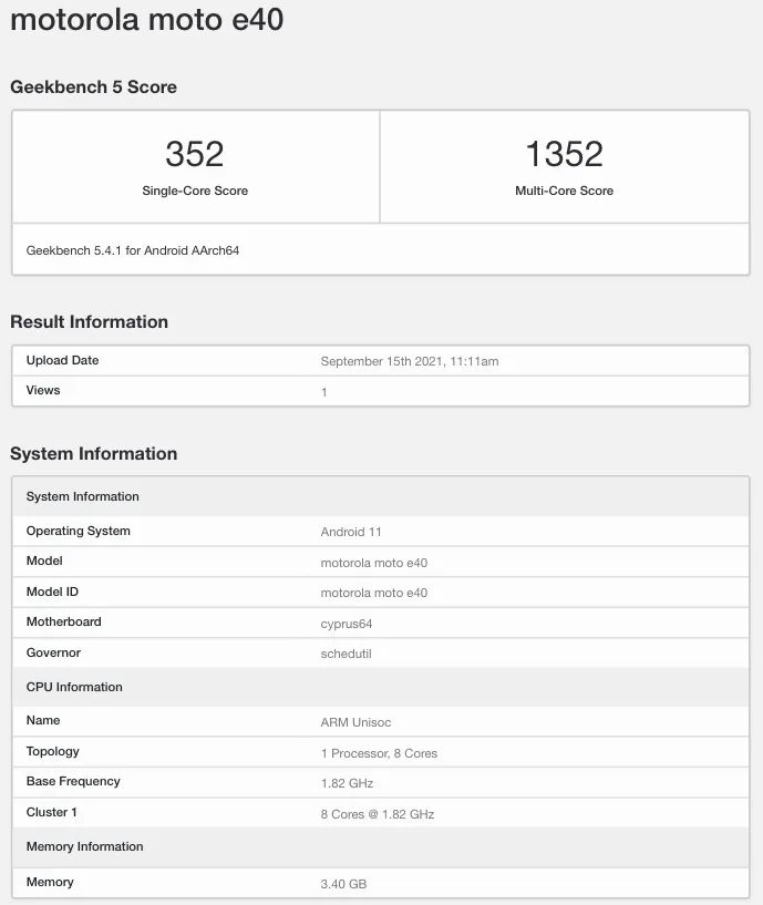 Moto E40 в Geekbench