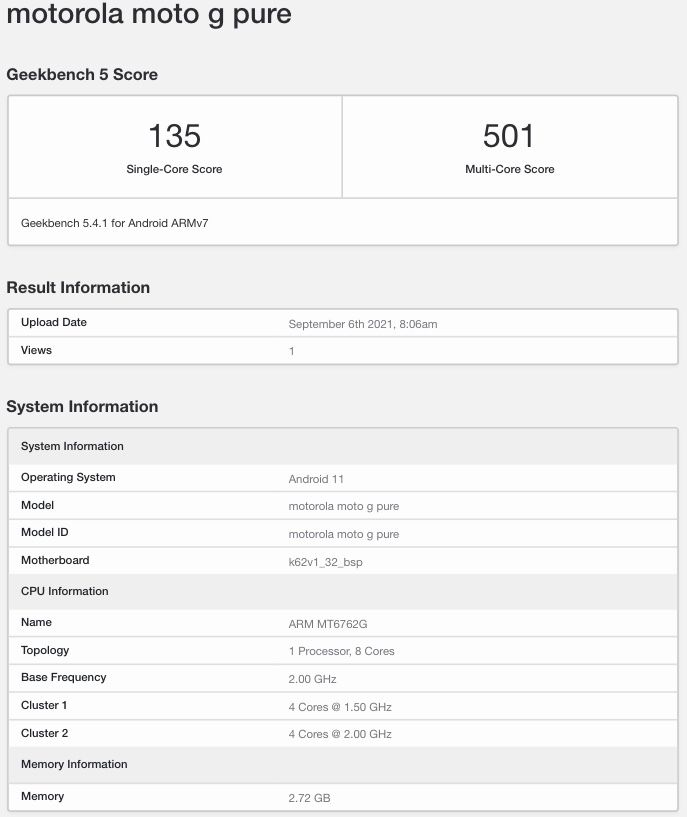 Moto G Pure GeekBench