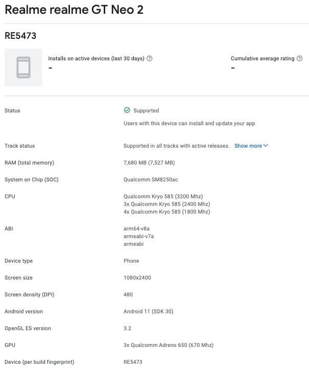 Realme GT Neo2 appears on Google Play Console with Snapdragon 870