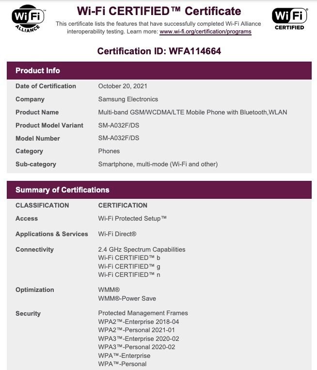 Samsung Galaxy A03 Wi-Fi Alliance