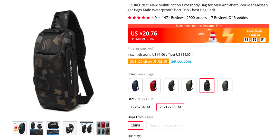  OZUKO Crossbody Anti-theft Bag 