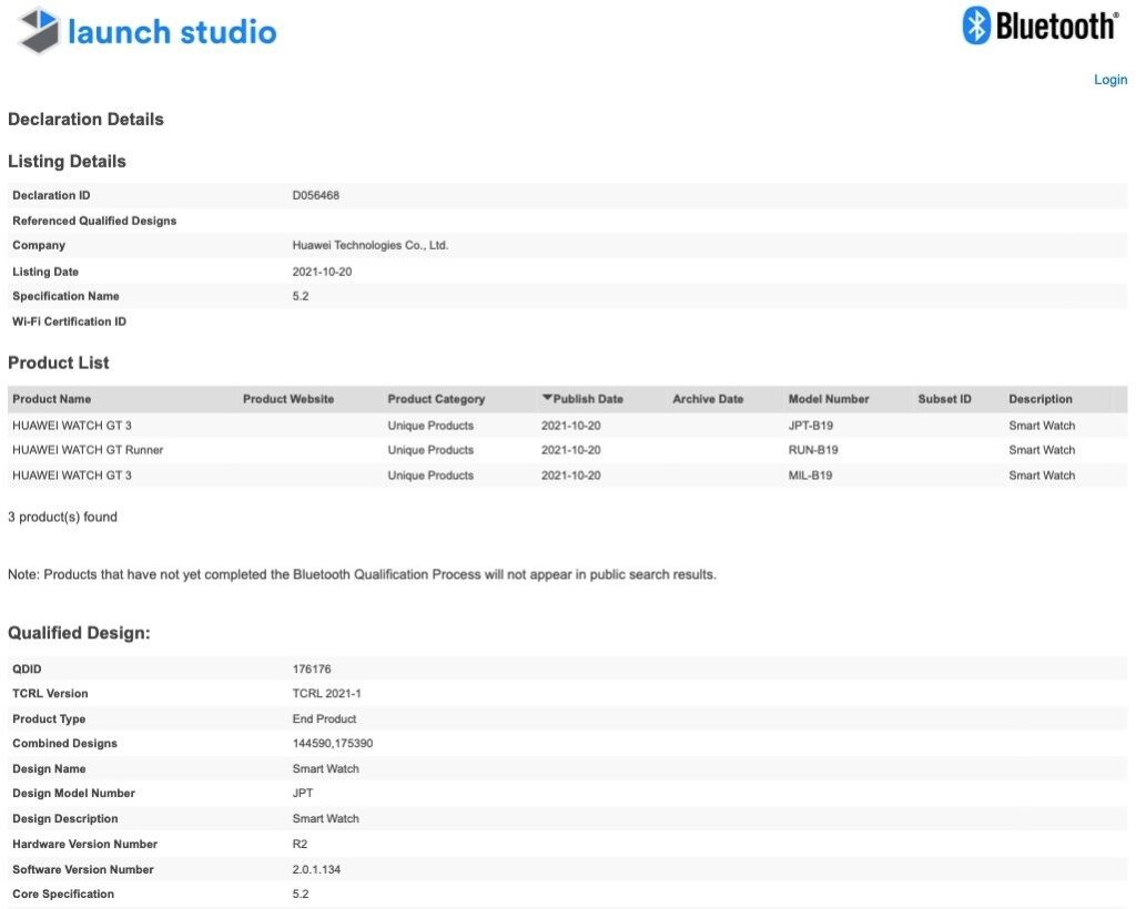 huawei watch gt 3 bluetooth certification