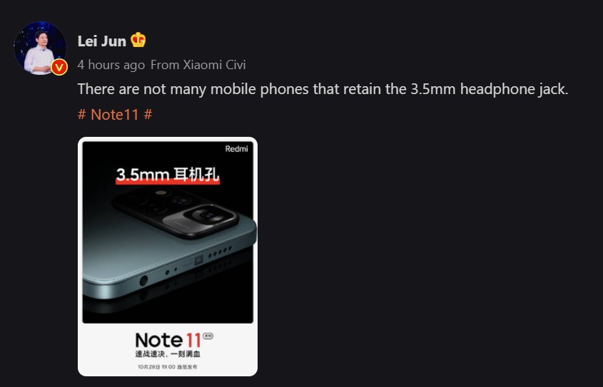 lei jun weibo redmi note 11 headphone jack