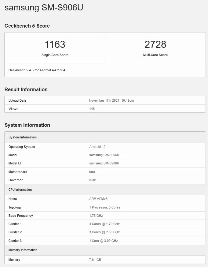 Samsung Galaxy S22 Plus Geekbench