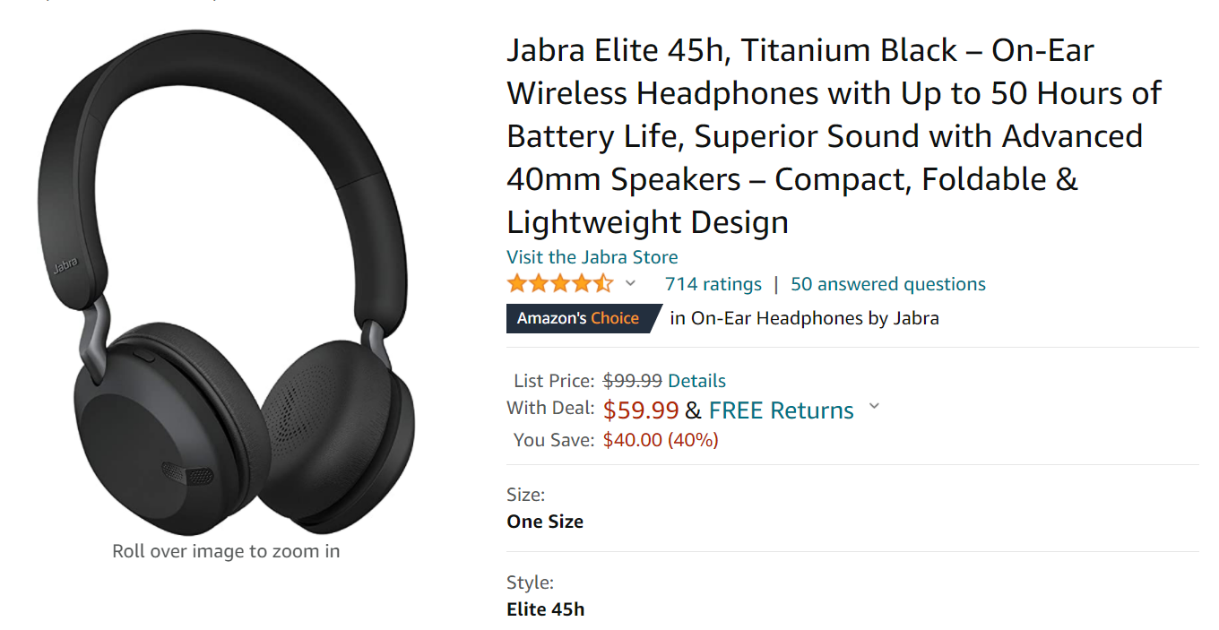 Jabra Elite 45h On-Ear Wireless Headphone