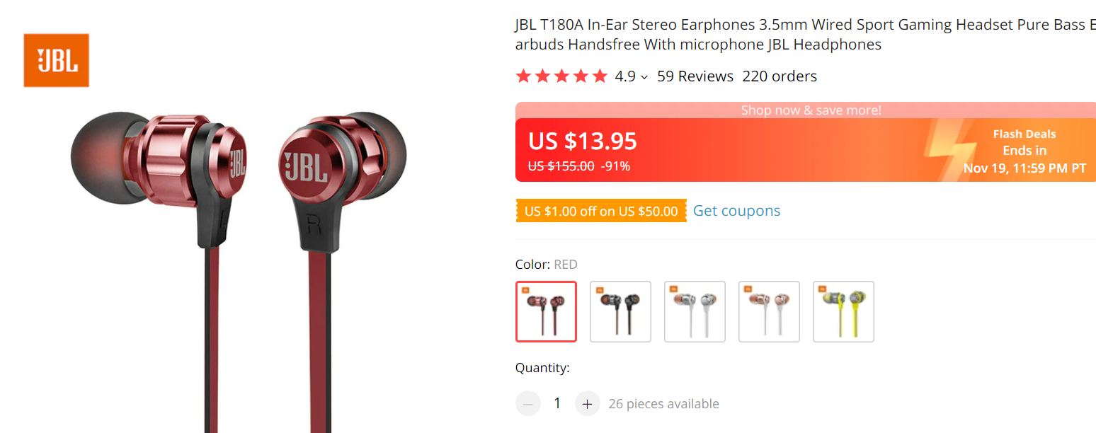 JBL T180A In-Ear Earphone