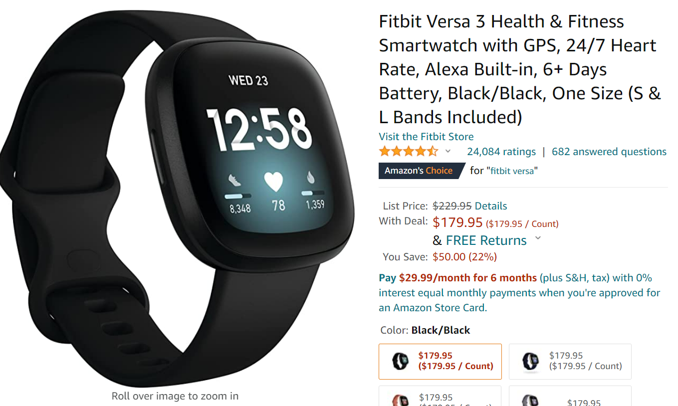 Fitbit Versa 3 Health & Fitness Smartwatch with GPS, 24/7 Heart Rate, Alexa  Built-in, 6+ Days Battery, Midnight Blue/Gold, One Size (S & L Bands