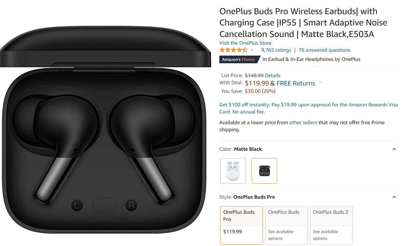 OnePlus Buds Pro Wireless Earbuds| with Charging Case |IP55 | Smart  Adaptive Noise Cancellation Sound | Matte Black,E503A