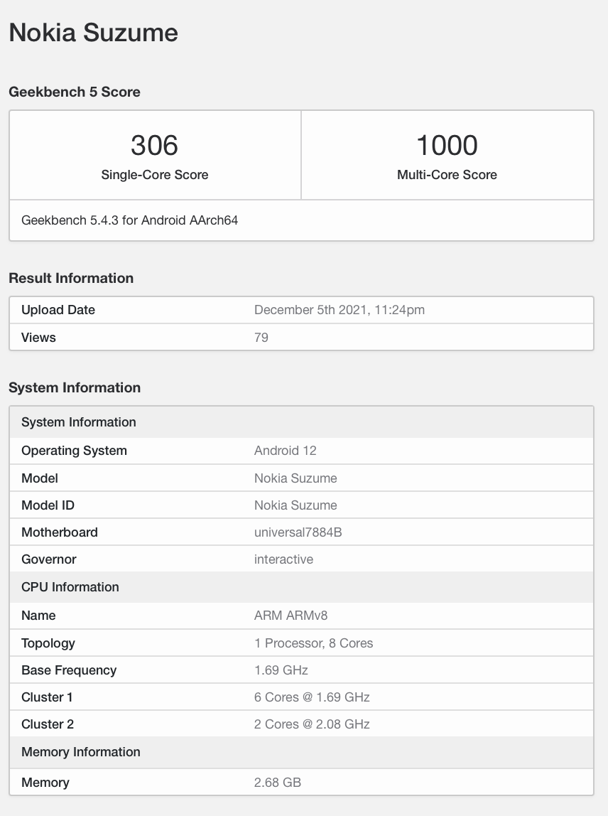 Nokia Suzume Geekbench