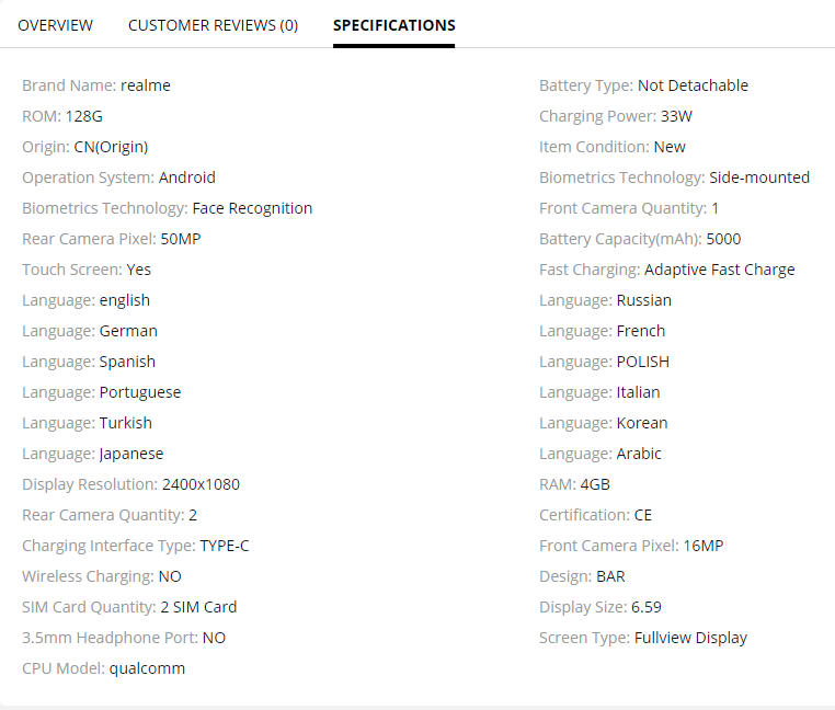 Realme 9i AliExpress specs