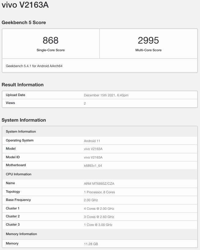 Vivo V2163A Geekbench