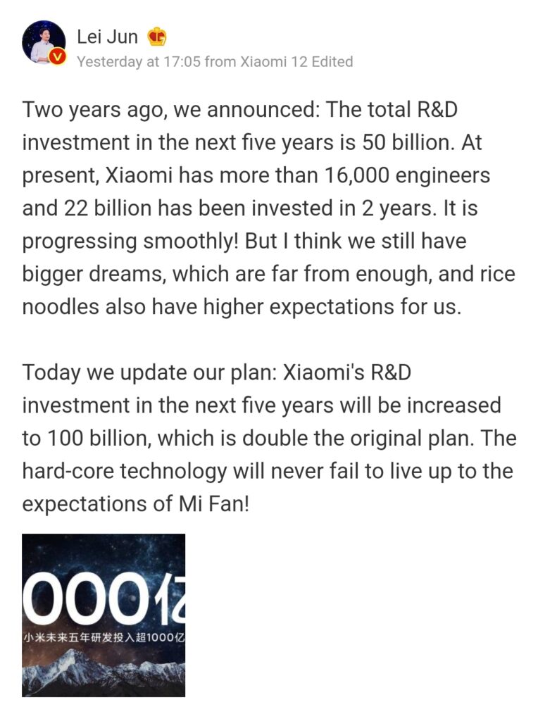 lei jun xiaomi R&D investment