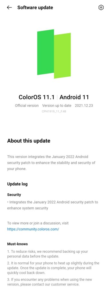oppo reno 10x zoom january 2022 update