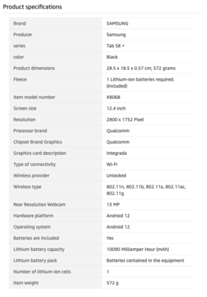 Samsung Galaxy Tab S8 Plus leaked specifications on Amazon Italy