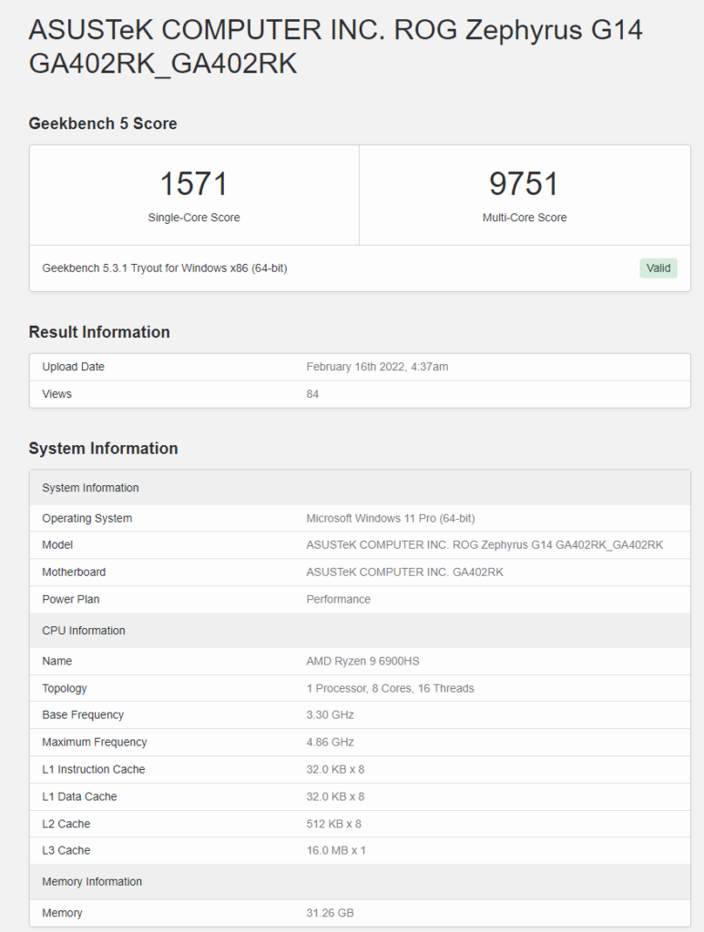 ASUS ROG Zephyrus G14 Geekbench