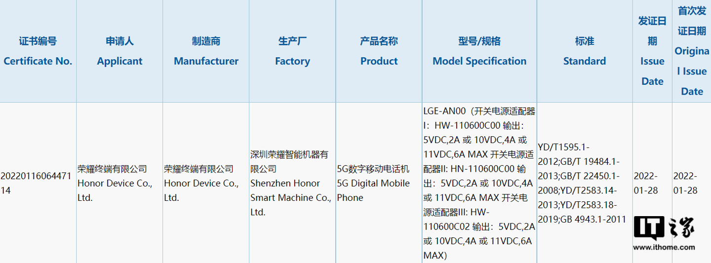 Honor LGE-AN00 3C Certification 