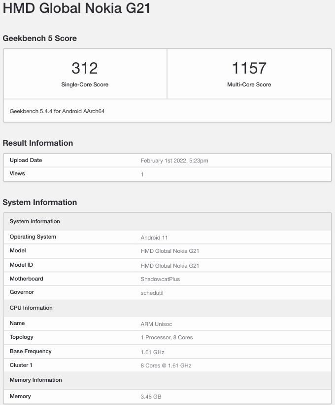 Nokia G21 spotted with Unisoc chipset at Geekbench Gizmochina