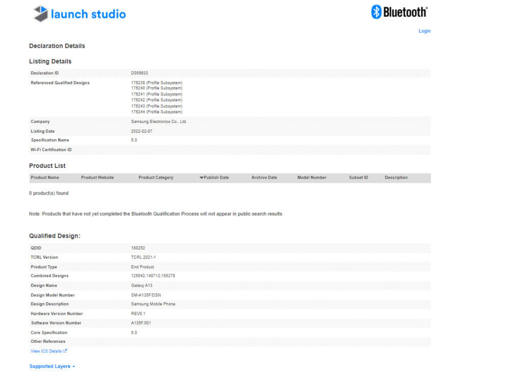 Samsung A13 4G Bluetooth SIG