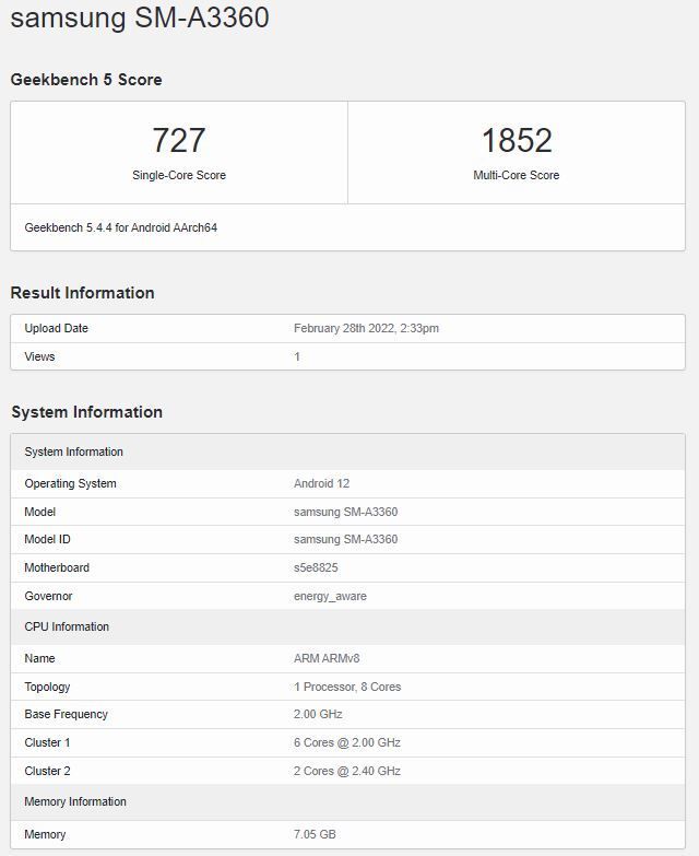 Samsung A33 5G Geekbench