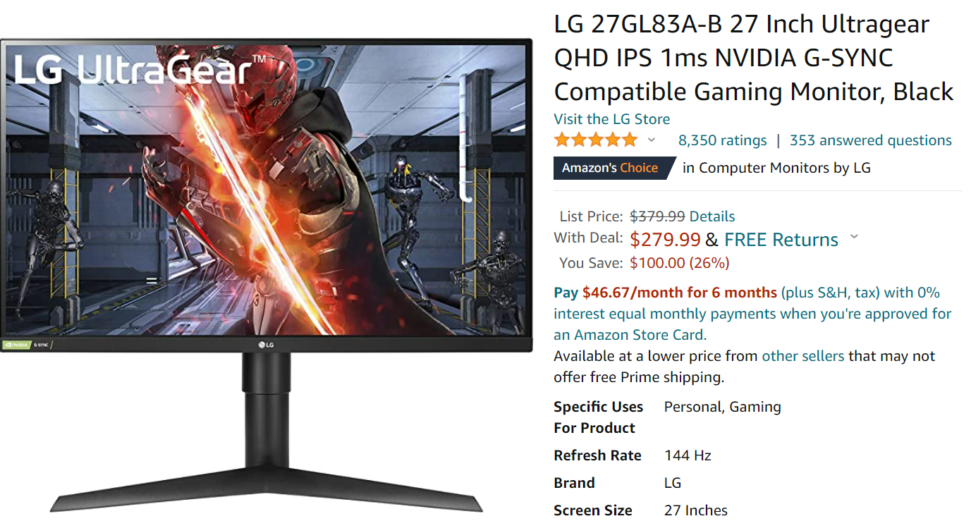 LG 27GL83A-B 27” Ultragear Gaming Monitor