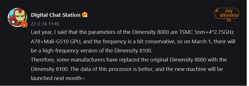 MediaTek Dimensity 8100 chip tipped, is Dimensity 8000's faster version