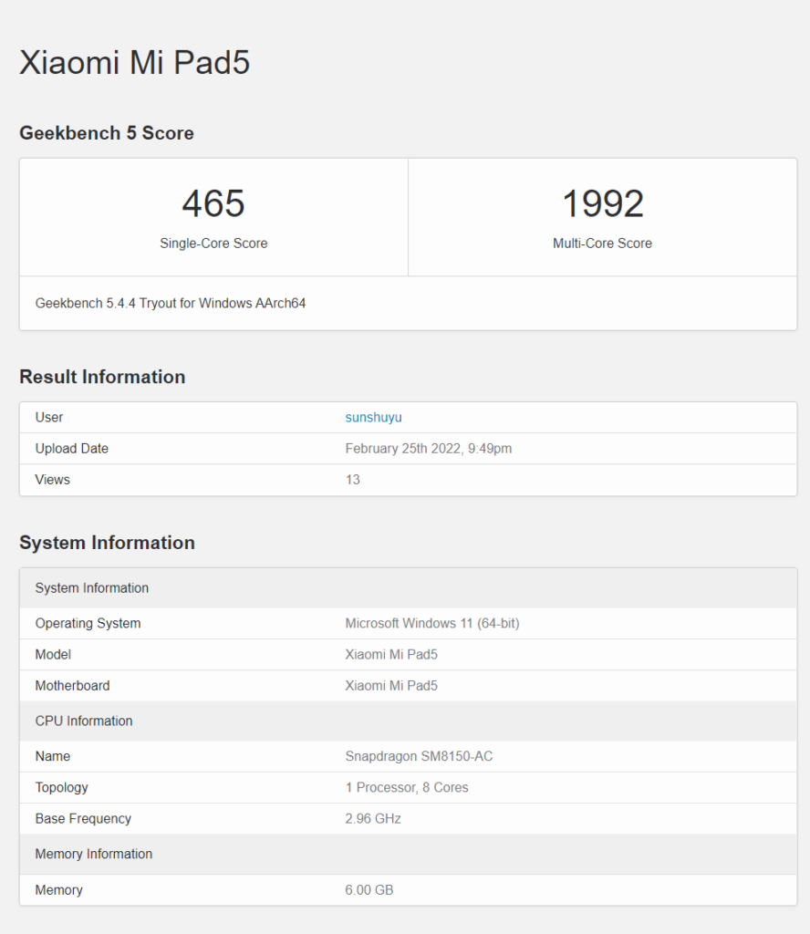 xiaomi pad 5 windows 11 arm geekbench 5