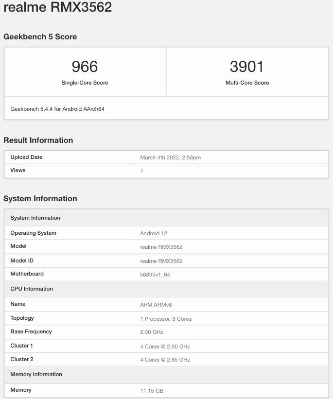 Realme GT Neo3 Geekbench