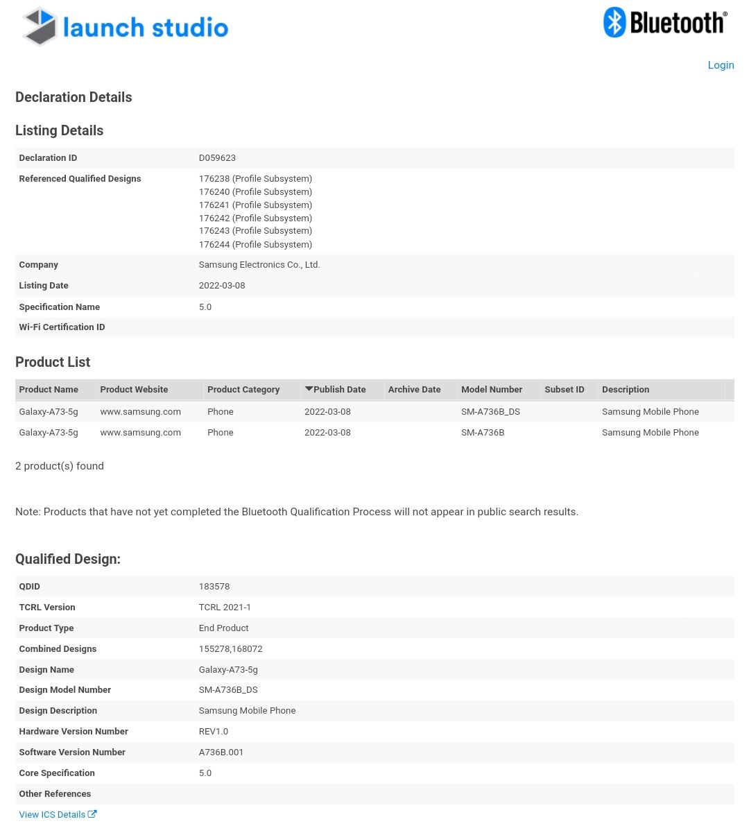 Samsung Galaxy A73 5G Bluetooth SIG