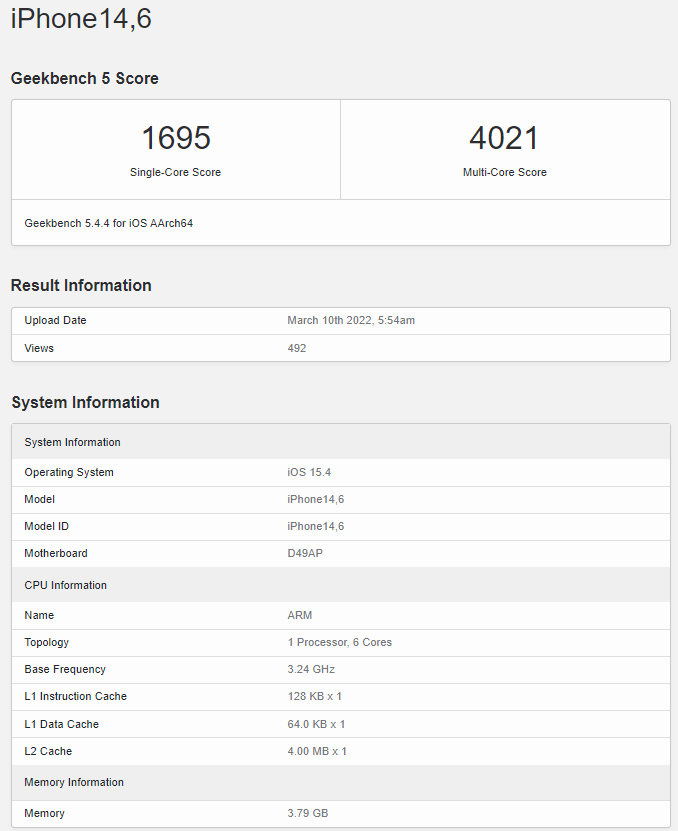 iPhone SE 2022 Geekbench