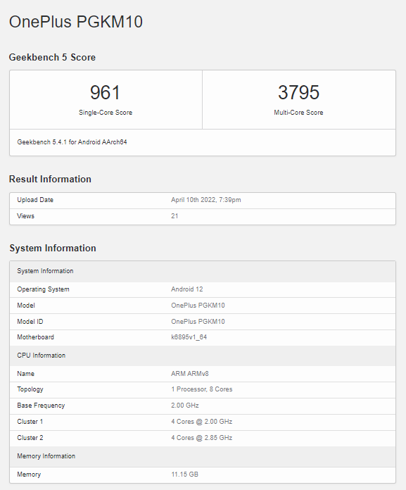 OnePlus Ace Geekbench
