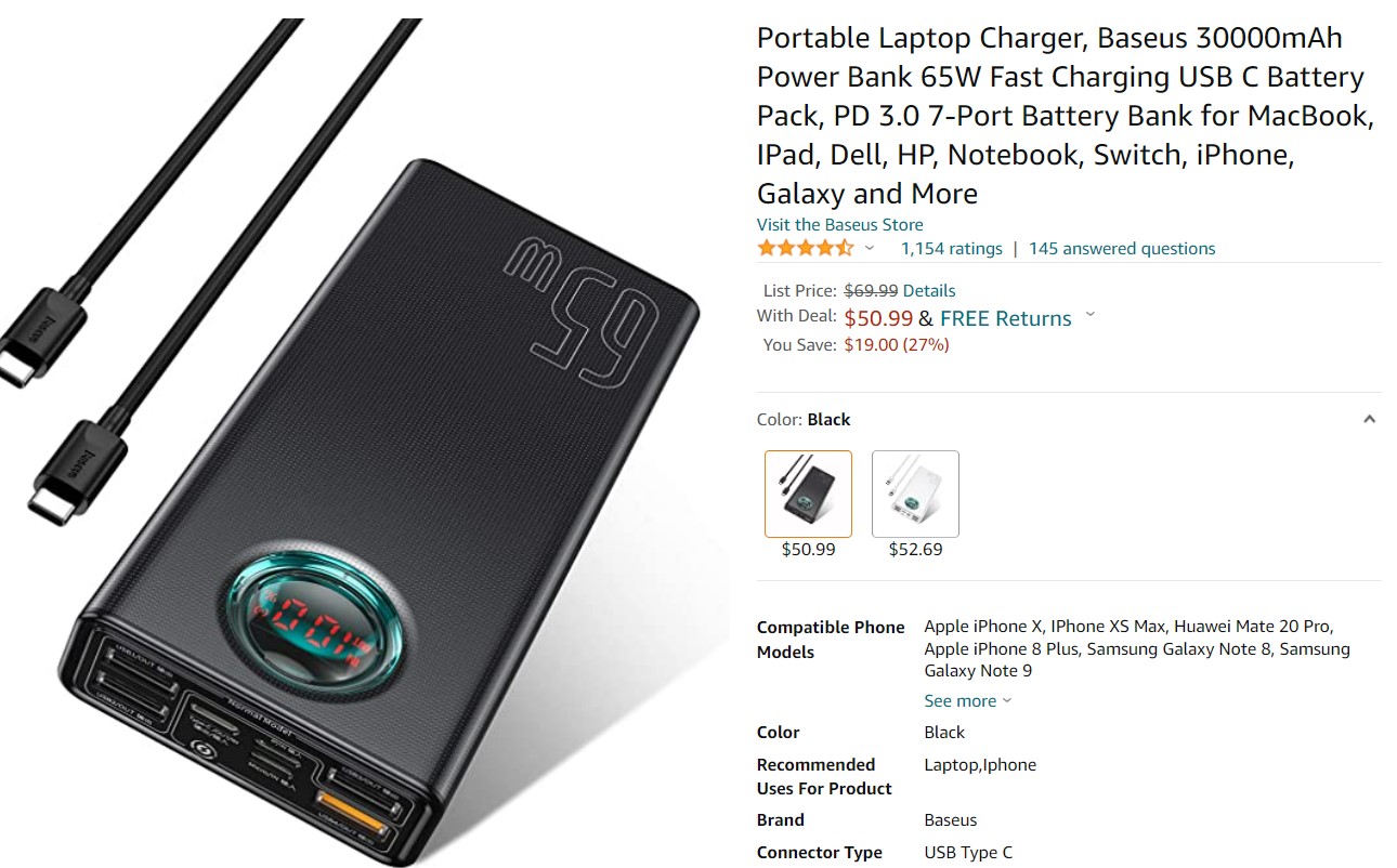 Batería externa Baseus de 30000 mAh 