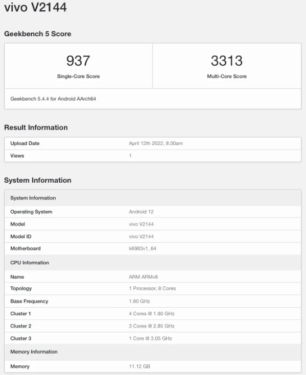 Vivo X80 Geekbench