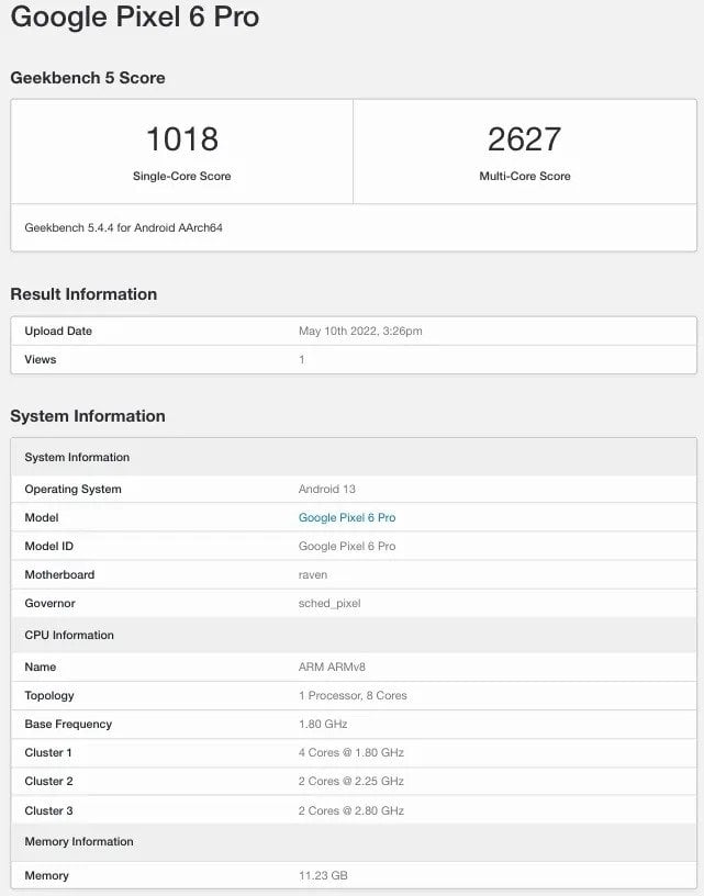 Google pixel 6 pro geekbench android 13