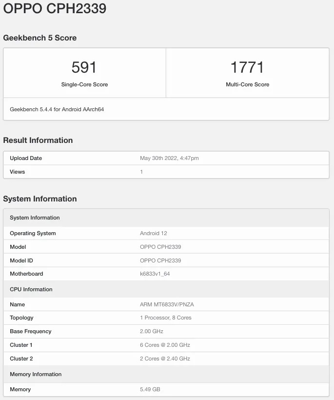 OPPO-A77 5G CPH2339 Geekbench