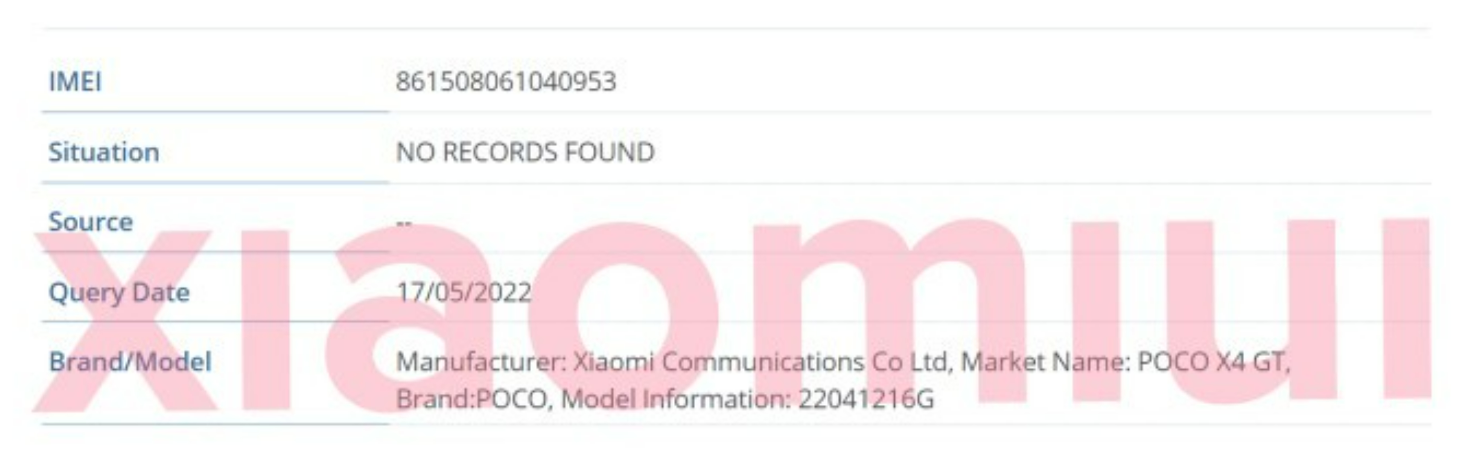 POCO X4 GT IMEI listing