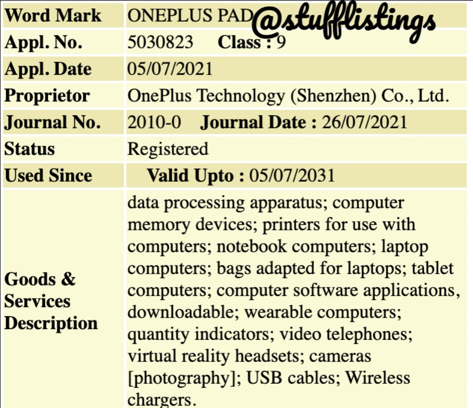 OnePlus Pad trademark