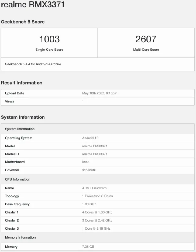 Realme GT Neo 3T Geekbench