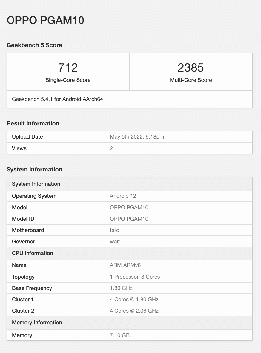 oppo reno 8 geekbench listing