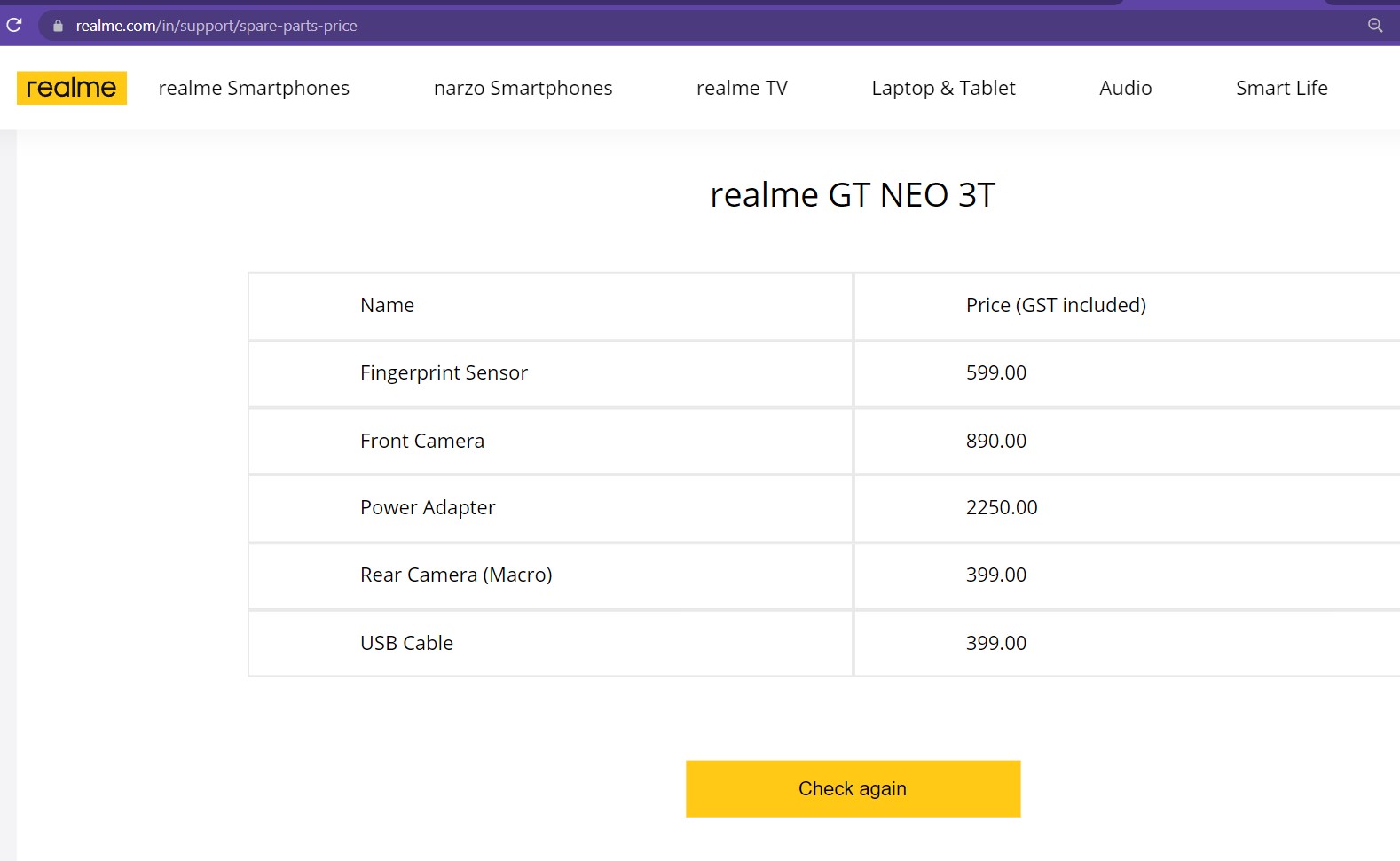 Realme GT Neo 3T Support page