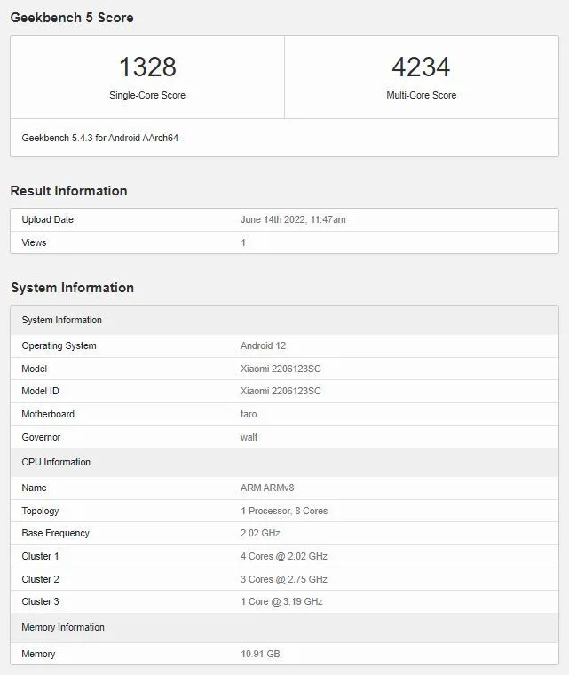 Xiaomi 12S được phát hiện trên GeekBench, với Snapdragon 8+ Gen 1 và RAM 12GB