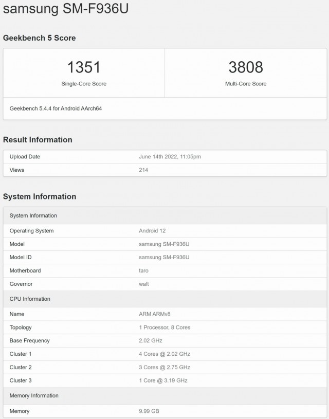 Samsung Galaxy Z Fold 4 Geekbench