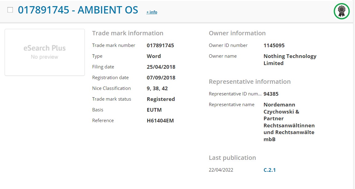 Ambient OS trademark Nothing