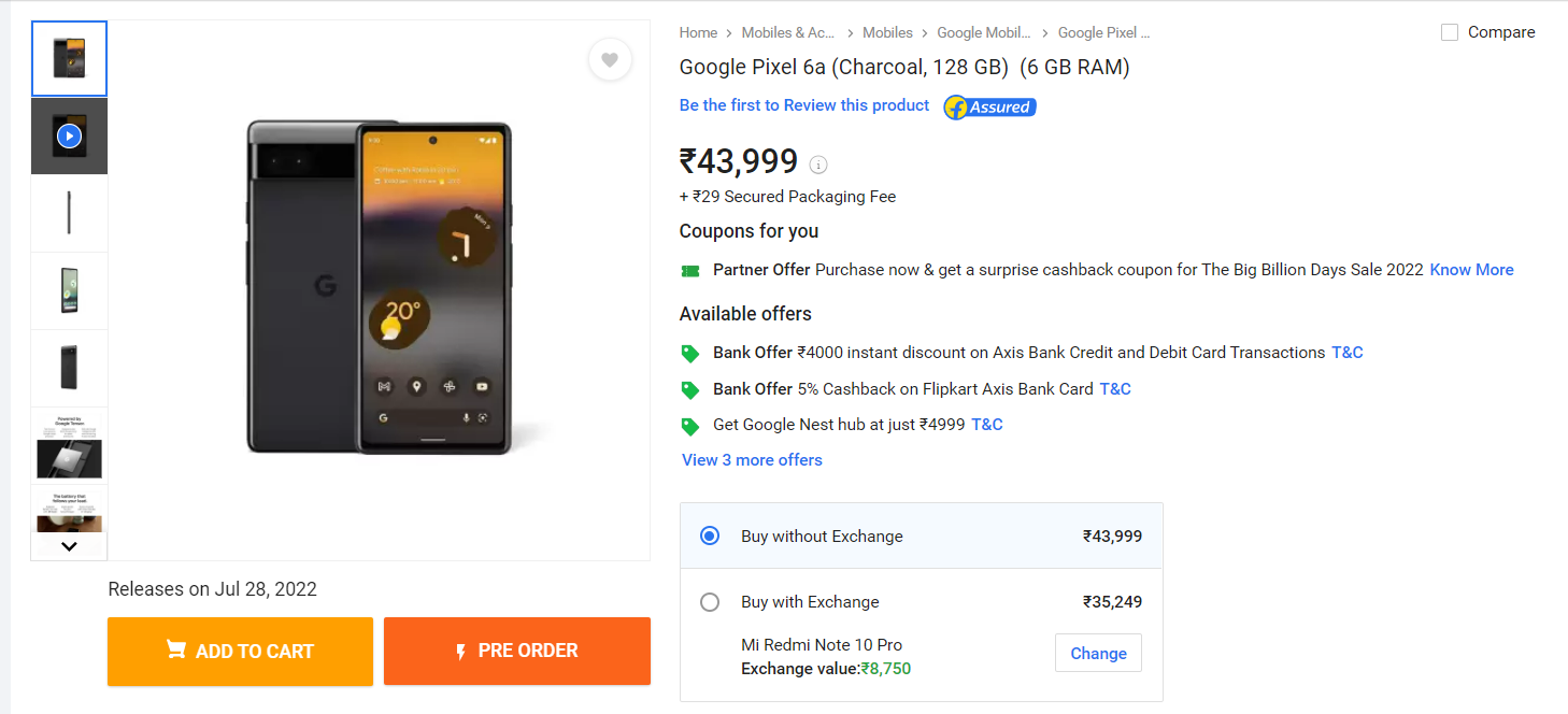 Pixel 6a Flipkart listing