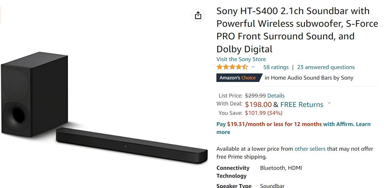 Sony HT-S400 Soundbar with Wireless Subwoofer