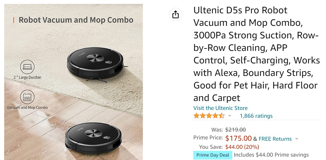 Ultenic D5s Pro Robot Vaccum and Mop Combo 
