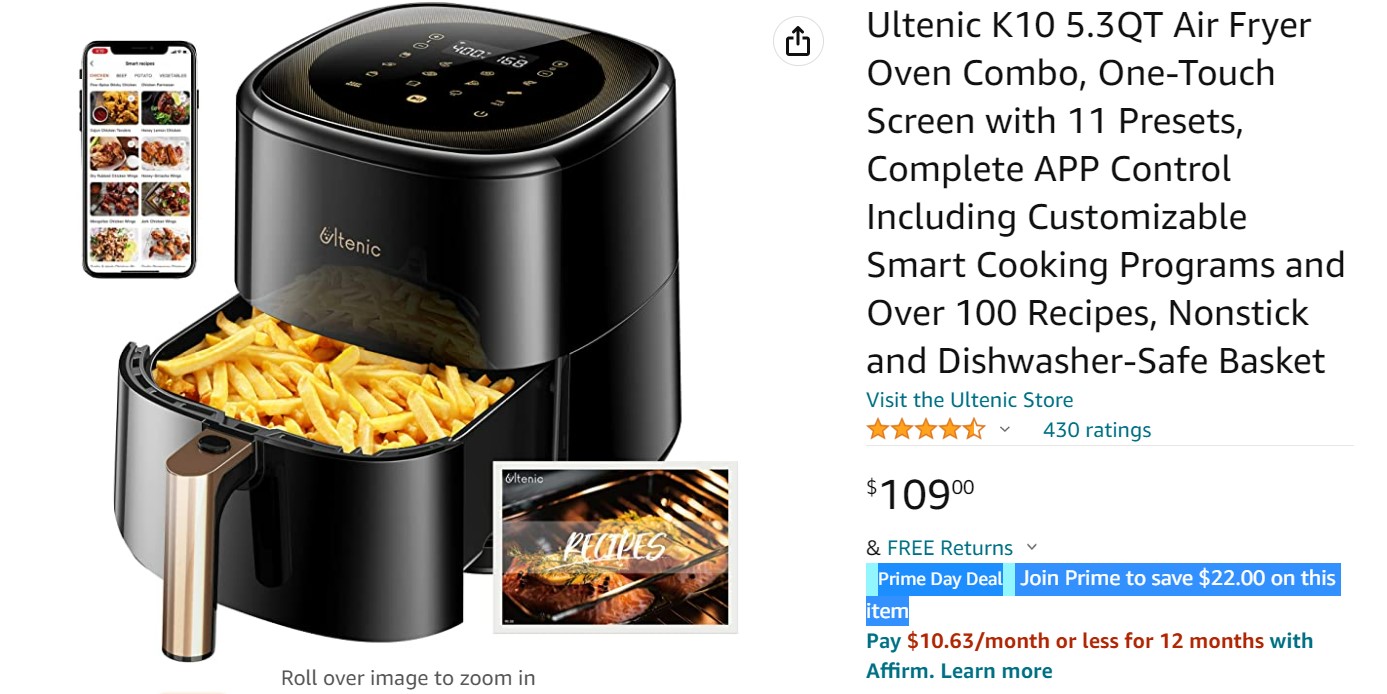 Ultenic K10 5.3 QT Air Fryer Oven Combo